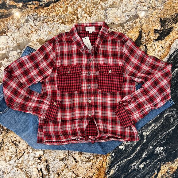 NWT Francesca's Dizzy Gal Gold/Black/White Plaid Button Down Shirt - Picture 11 of 11